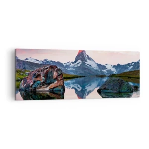 Impression sur toile - Image sur toile - Un sommet de montagne se reflétant dans un lac au coucher du soleil - 140x50cm - Le coeur des montagnes est chaud - Décoration murale moderne pour le salon et la chambre ARTTOR