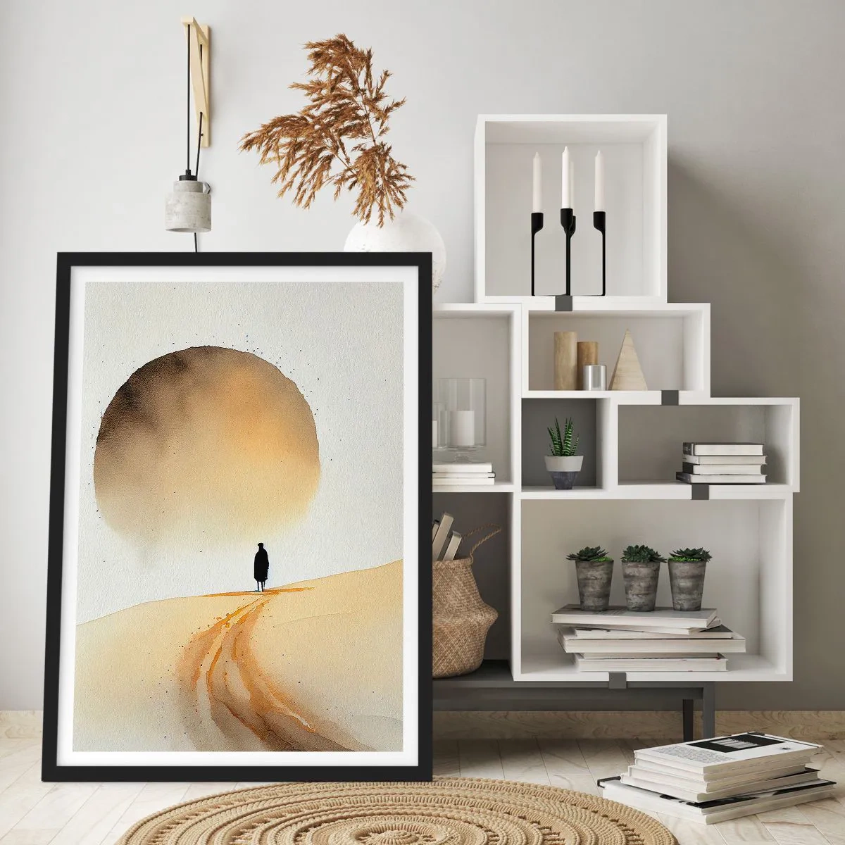 Affiche dans un cadre noir - Poster - Silhouette d'un voyageur sur une route du désert - 50x70cm - Toujours solitaire - Décoration murale moderne pour le salon et la chambre ARTTOR