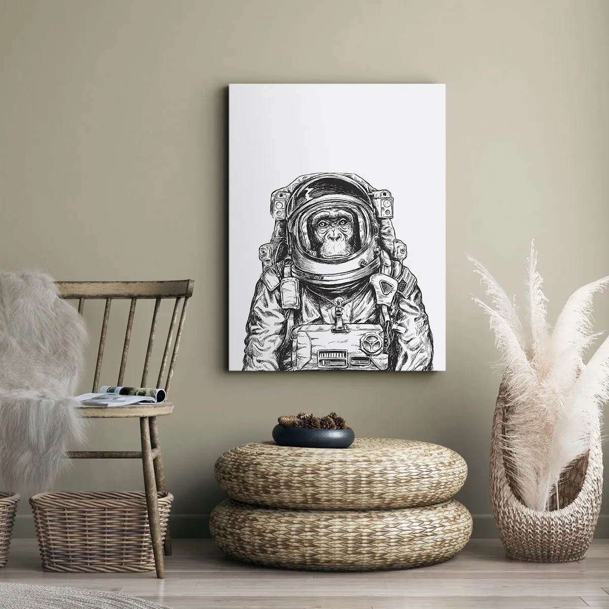 Impression sur toile - Image sur toile - Graphique d'un astronaute en combinaison spatiale avec une tête de singe - 50x70cm - Évolution alternative - Décoration murale moderne pour le salon et la chambre ARTTOR