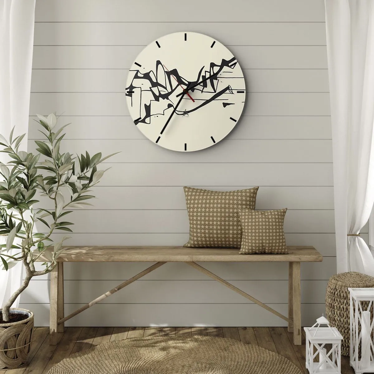 Horloge murale - Pendule murale - Lignes noires abstraites sur fond crème ressemblant à un paysage. - 30x30cm - Peut-être un paysage - Décoration murale moderne pour le salon, la cuisine et la chambre ARTTOR