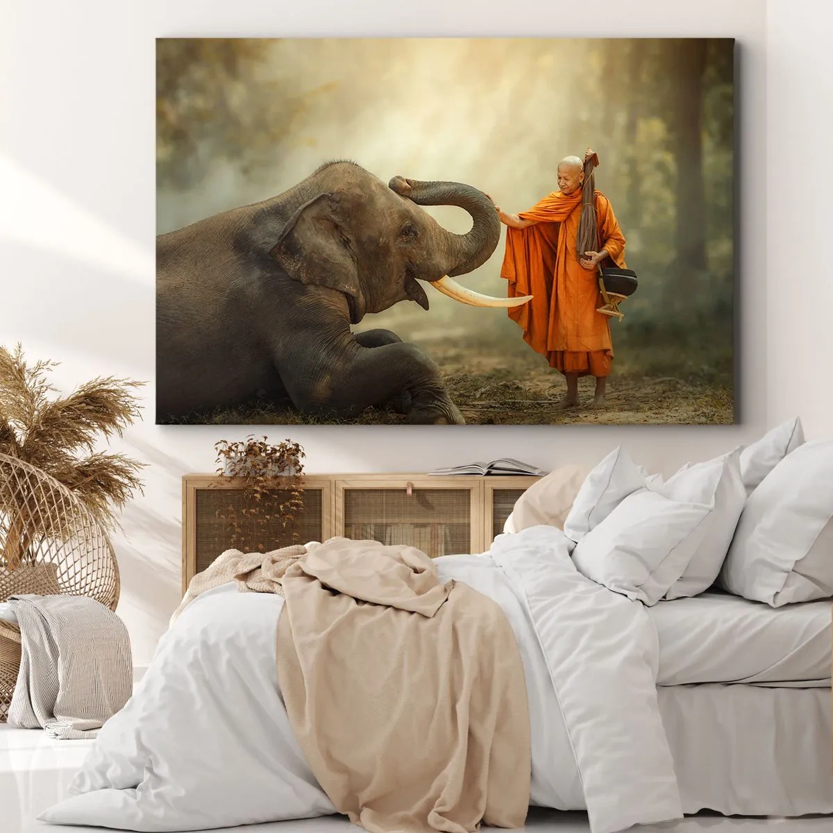 Impression sur toile - Image sur toile - Un moine et un éléphant en harmonie avec la nature en toile de fond - 70x50cm - Rencontre en voyageant - Décoration murale moderne pour le salon et la chambre ARTTOR