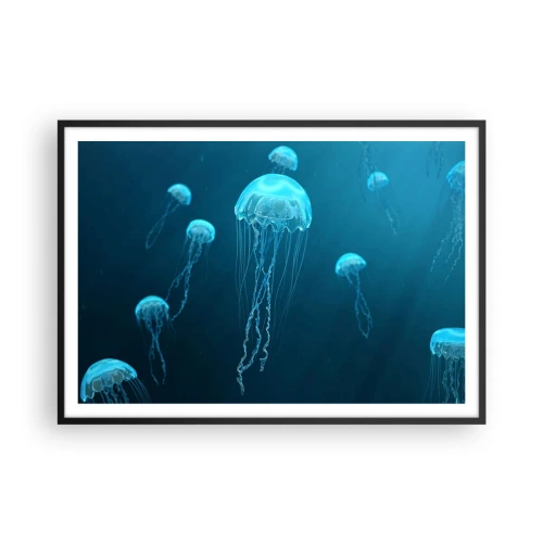 Affiche dans un cadre noir - Poster - Méduses flottant dans les profondeurs de l'océan dans des tons bleus - 100x70cm - Danse océanique - Décoration murale moderne pour le salon et la chambre ARTTOR