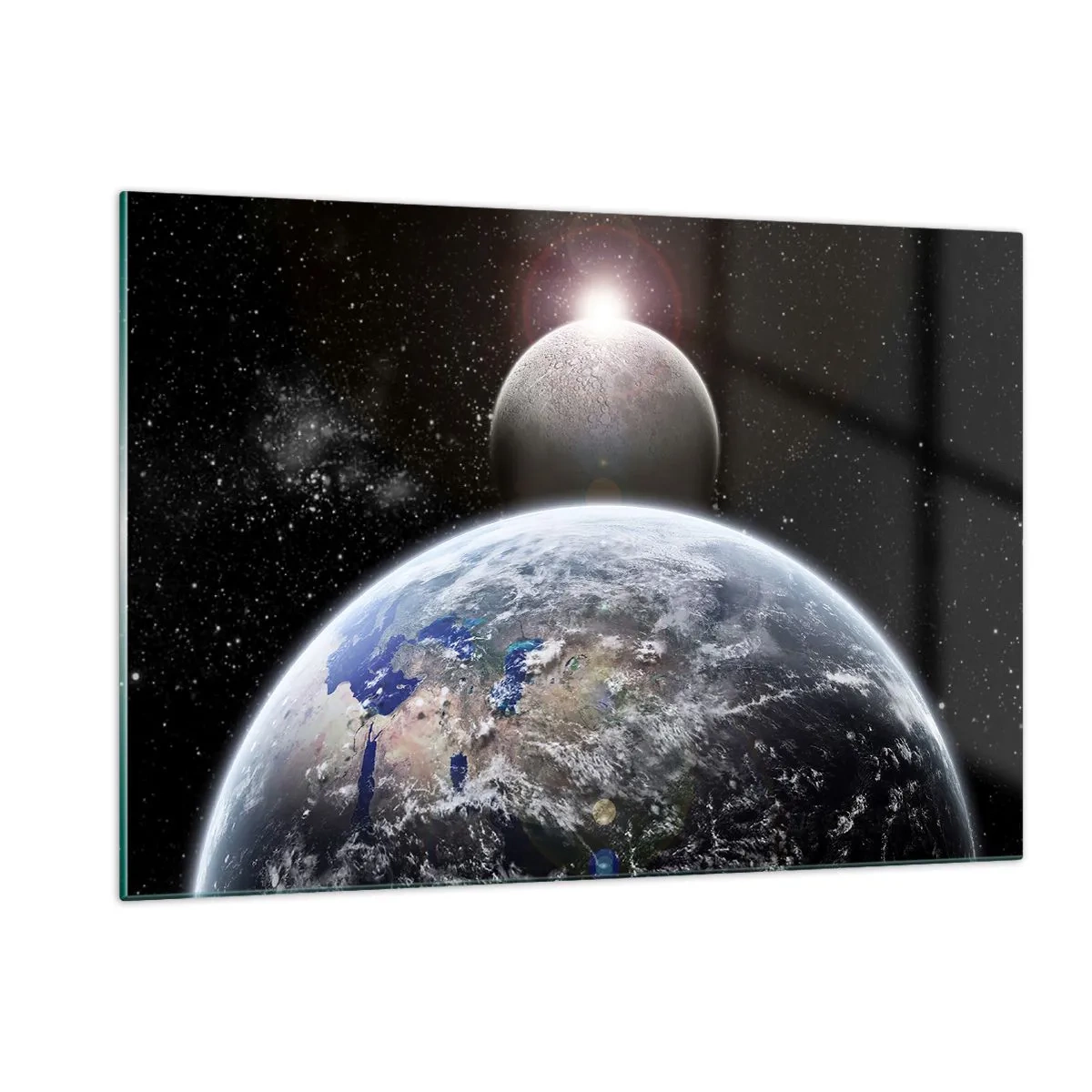 Impression sur verre - Image sur verre - La Terre et la Lune dans l'espace - 120x80cm - Paysage cosmique - lever de soleil - Décoration murale moderne pour le salon et la chambre ARTTOR