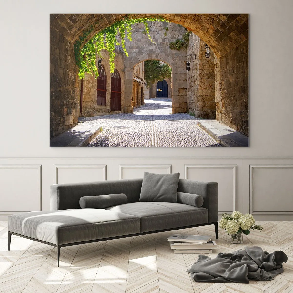 Impression sur verre - Image sur verre - Une rue en pierre avec des arches et des vignes au soleil - 100x70cm - Le cortège apparaîtra bientôt - Décoration murale moderne pour le salon et la chambre ARTTOR