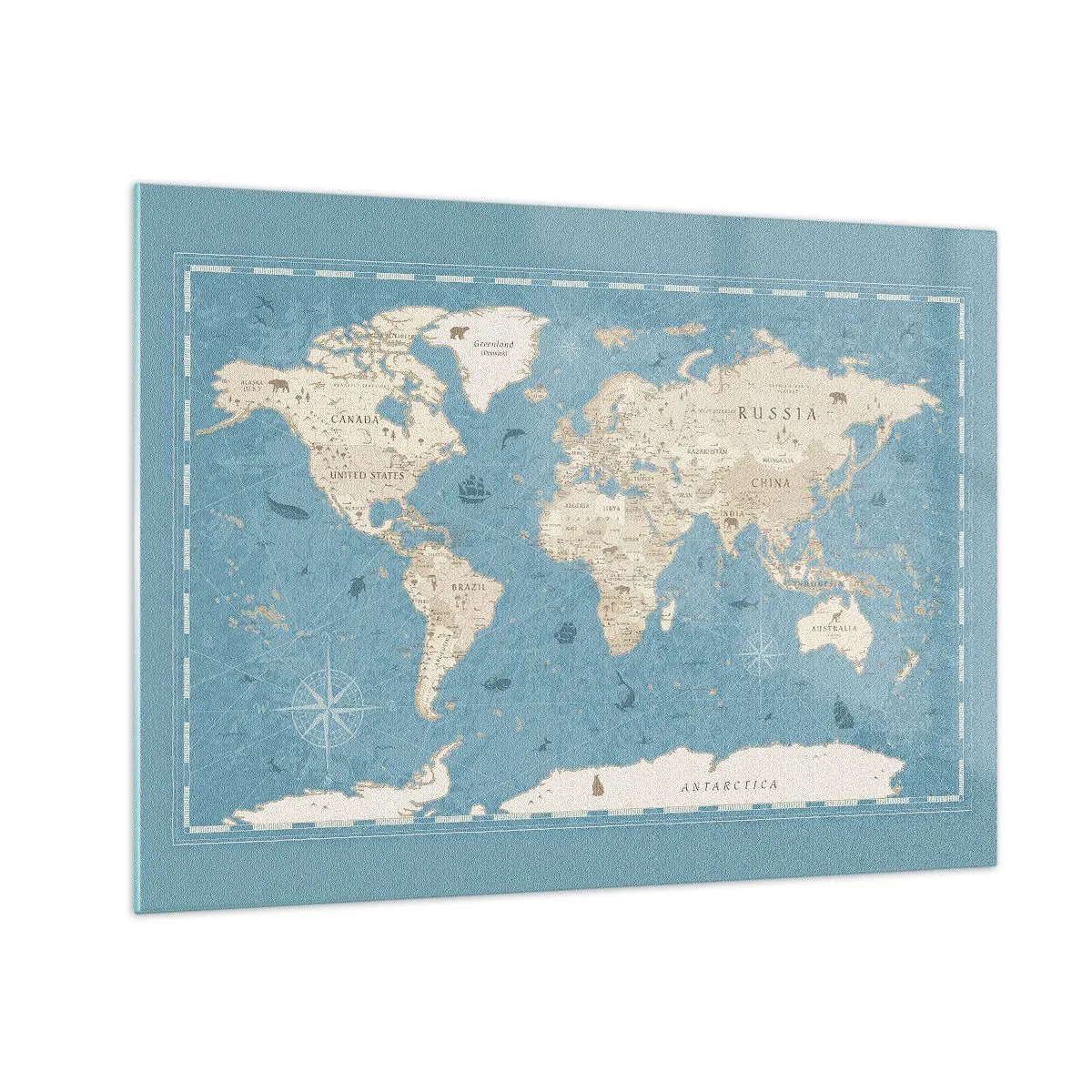 Impression sur verre - Image sur verre - Carte du monde stylisée sur fond bleu - 70x50cm - Le monde à porter de main - Décoration murale moderne pour le salon et la chambre ARTTOR