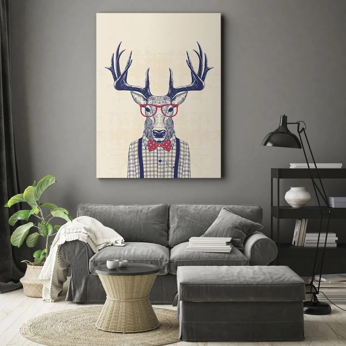 Impression sur toile - Image sur toile - Graphique stylisé d'un cerf portant des lunettes et un nœud papillon - 80x120cm - Une extravagance amusante - Décoration murale moderne pour le salon et la chambre ARTTOR