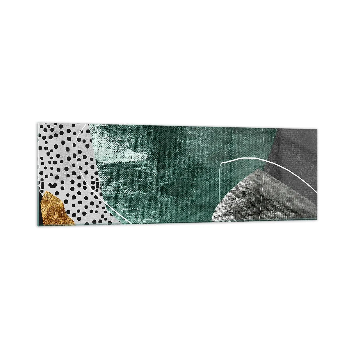 Impression sur verre - Image sur verre - Composition abstraite avec des formes vertes et des motifs à pois - 160x50cm - Abstraction colorée avec feuille d'or - Décoration murale moderne pour le salon et la chambre ARTTOR