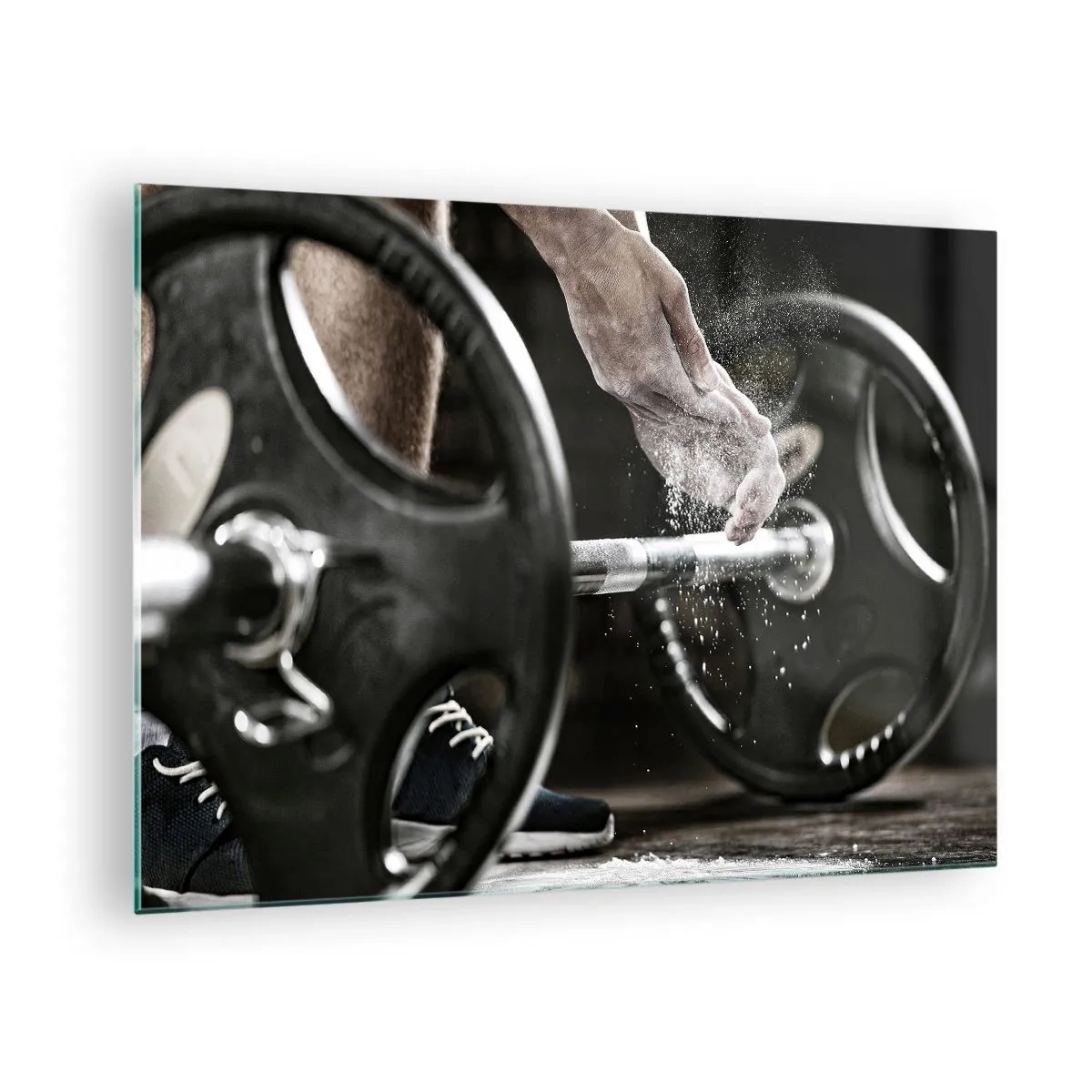 Impression sur verre - Image sur verre - Haltérophilie avec de la craie sur les mains et une barre - 70x50cm - Défi accepté! - Décoration murale moderne pour le salon et la chambre ARTTOR