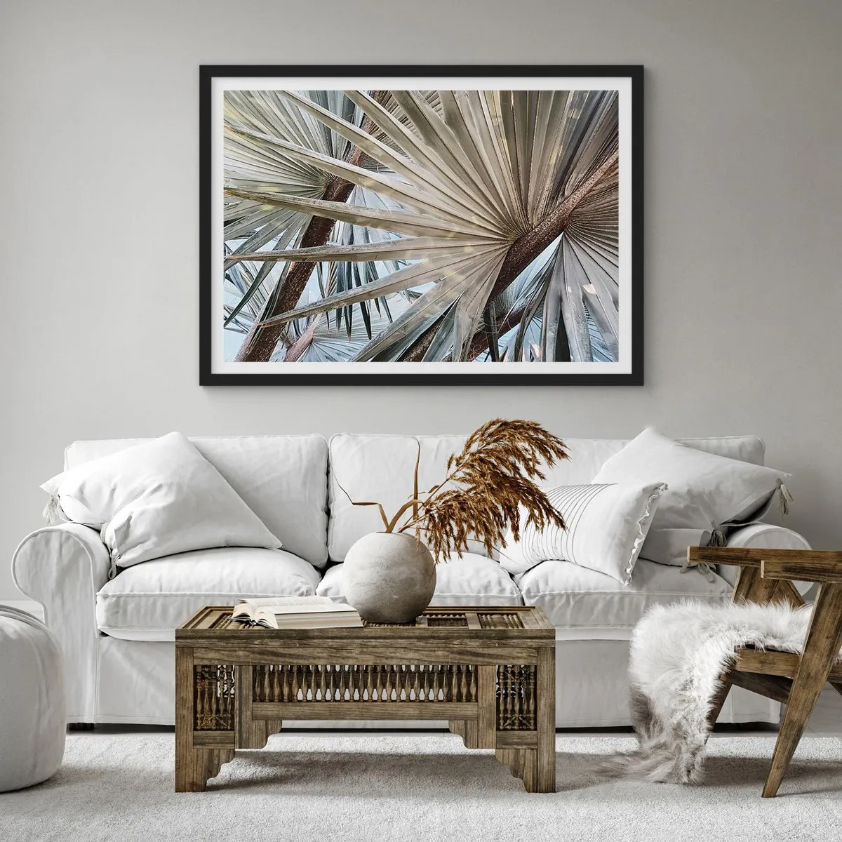 Affiche dans un cadre noir - Poster - Gros plan de feuilles de palmier dans des tons naturels de vert - 100x70cm - Evantail sous les tropiques - Décoration murale moderne pour le salon et la chambre ARTTOR