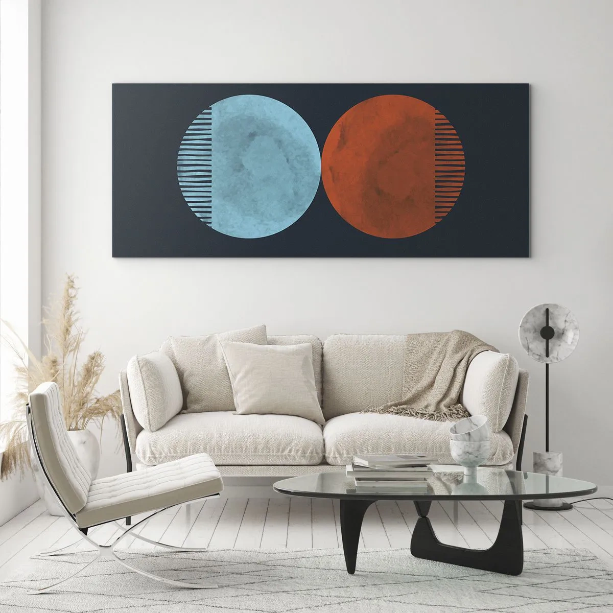 Impression sur verre - Image sur verre - Design minimaliste à deux roues en bleu et orange - 160x50cm - Seulement la géométrie ? - Décoration murale moderne pour le salon et la chambre ARTTOR