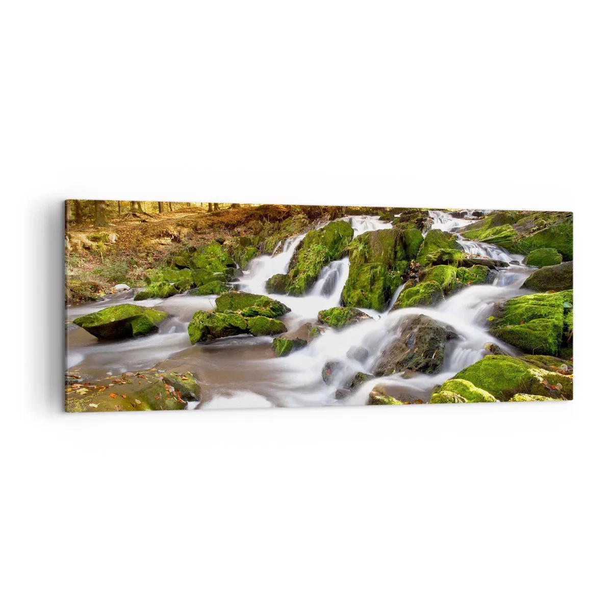 Impression sur toile - Image sur toile - Un paysage boisé avec une cascade entourée de mousse - 140x50cm - Rapidement à travers la forêt d'automne - Décoration murale moderne pour le salon et la chambre ARTTOR