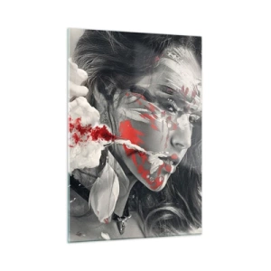Impression sur verre - Image sur verre - Portrait d'une femme aux motifs abstraits rouges et blancs - 50x70cm - Dans les fumées de l'absurde - Décoration murale moderne pour le salon et la chambre ARTTOR