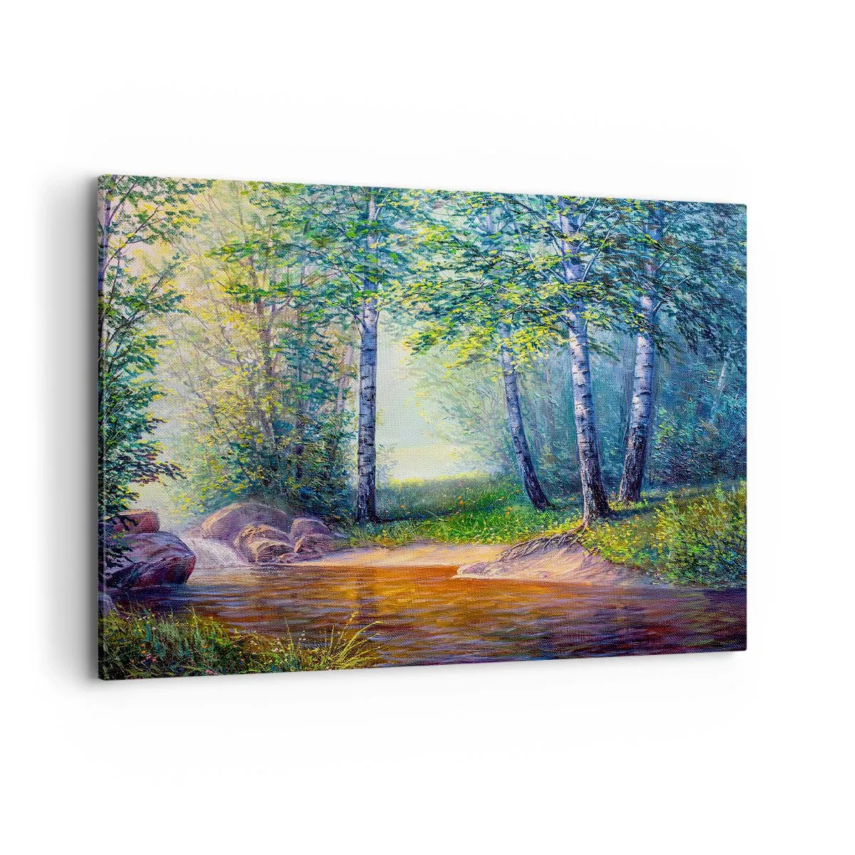 Impression sur toile - Image sur toile - Un ruisseau forestier entouré de bouleaux et de soleil - 100x70cm - Paysage idyllique - Décoration murale moderne pour le salon et la chambre ARTTOR