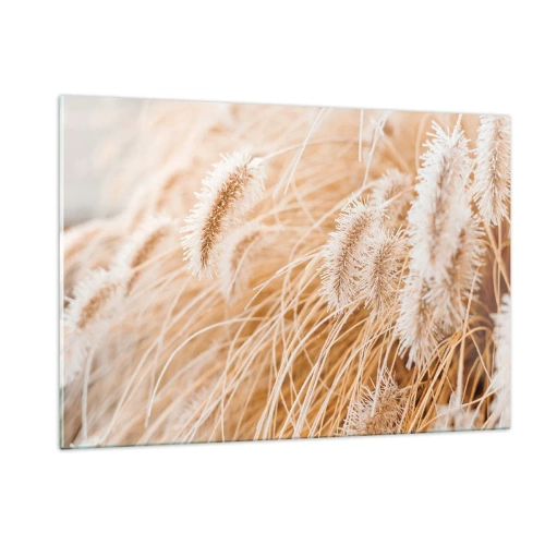 Impression sur verre - Image sur verre - Gros plan sur des pointes d'herbe duveteuses dans une lumière dorée - 120x80cm - Le bruissement doré de l'herbe - Décoration murale moderne pour le salon et la chambre ARTTOR