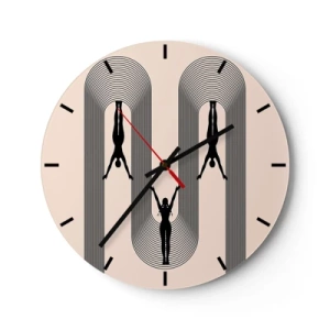 Horloge murale - Pendule murale - Silhouettes noires de personnages en mouvement parmi des arcs géométriques - 30x30cm - Les jambes en l’air - Décoration murale moderne pour le salon, la cuisine et la chambre ARTTOR