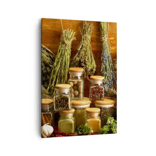 Impression sur toile - Image sur toile - Herbes et épices en pots sur fond rustique - 50x70cm - Sortilèges de cuisine - Décoration murale moderne pour le salon et la chambre ARTTOR