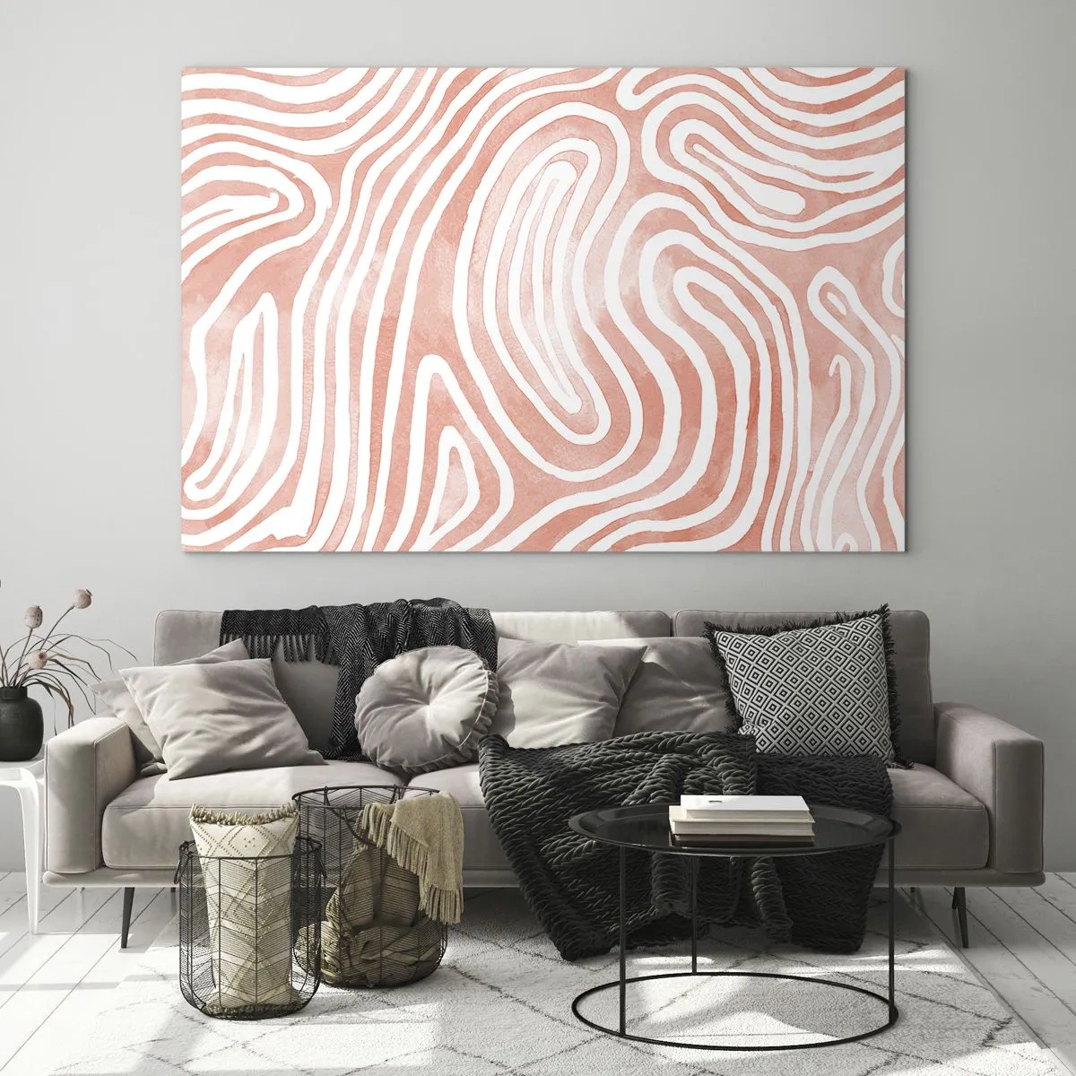 Impression sur verre - Image sur verre - Motif abstrait dans les tons blancs et corail - 120x80cm - Dans le labyrinthe de corail - Décoration murale moderne pour le salon et la chambre ARTTOR
