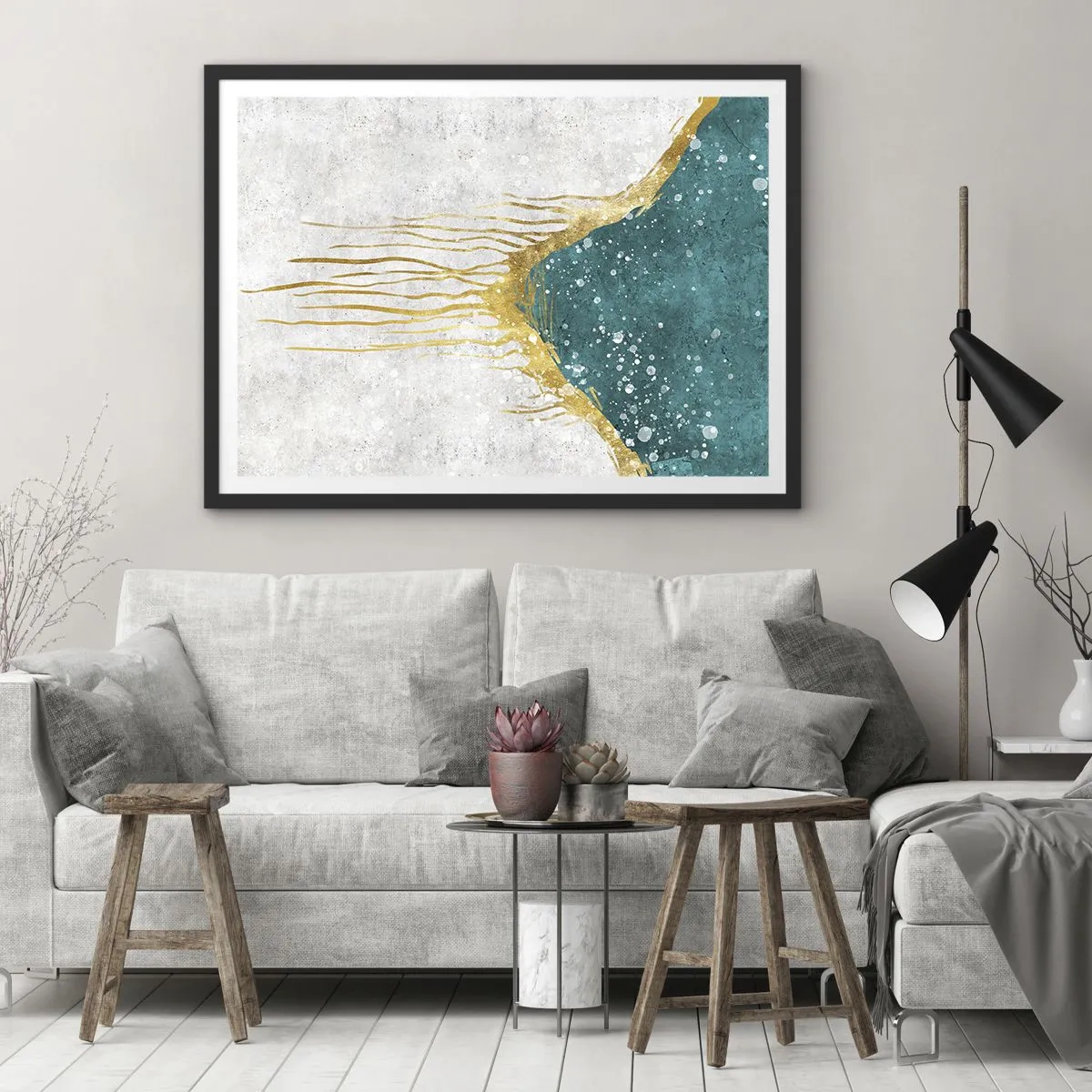 Affiche dans un cadre noir - Poster - Une composition abstraite dans des tons d'or et de turquoise - 70x50cm - Marée dorée - Décoration murale moderne pour le salon et la chambre ARTTOR