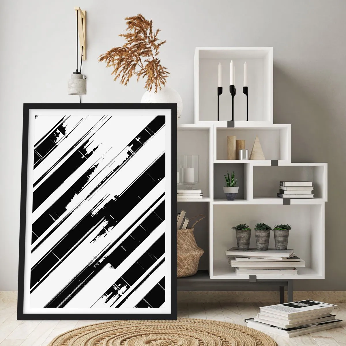 Affiche dans un cadre noir - Poster - Abstraction minimaliste en noir et blanc avec des lignes géométriques - 50x70cm - Une composition intense et dynamique - Décoration murale moderne pour le salon et la chambre ARTTOR