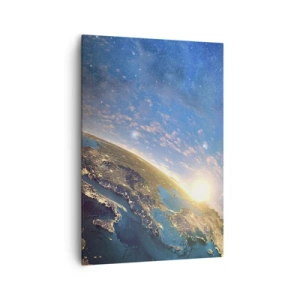 Impression sur toile - Image sur toile - Vue de la Terre depuis l'espace au lever du soleil - 70x100cm - Regardons-nous de loin - Décoration murale moderne pour le salon et la chambre ARTTOR