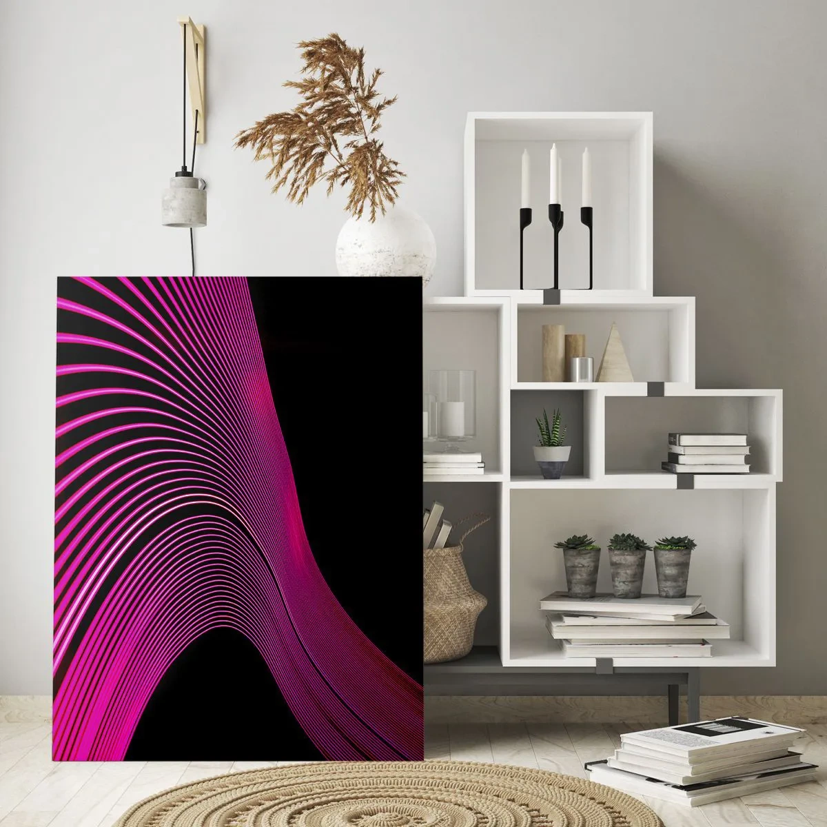 Impression sur verre - Image sur verre - Lignes lumineuses roses sur fond noir - 50x70cm - Avenue de lumière - Décoration murale moderne pour le salon et la chambre ARTTOR