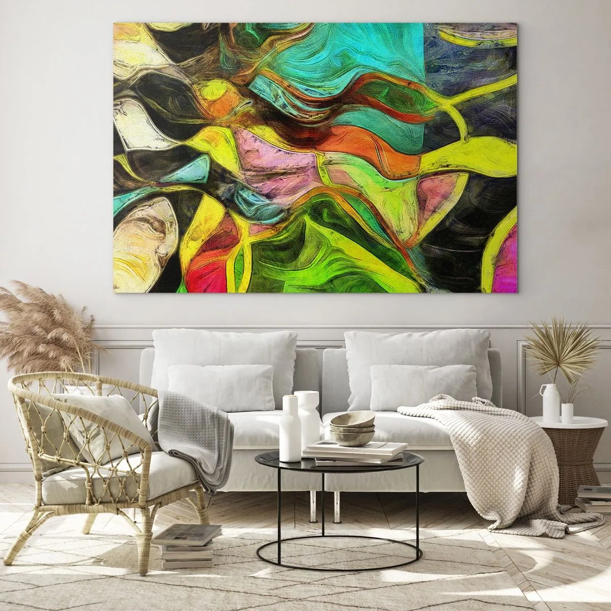 Impression sur verre - Image sur verre - Une composition abstraite avec des vagues intenses et multicolores. - 70x50cm - Le mouvement c'est la vie - Décoration murale moderne pour le salon et la chambre ARTTOR