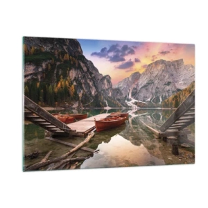 Impression sur verre - Image sur verre - Lac de montagne avec une jetée et des bateaux au lever du soleil - 120x80cm - Promesse du jour - Décoration murale moderne pour le salon et la chambre ARTTOR