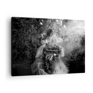 Impression sur toile - Image sur toile - Une composition en noir et blanc avec une figure en robe et une cage dans le brouillard. - 70x50cm - Tout simplement Mère Nature - Décoration murale moderne pour le salon et la chambre ARTTOR