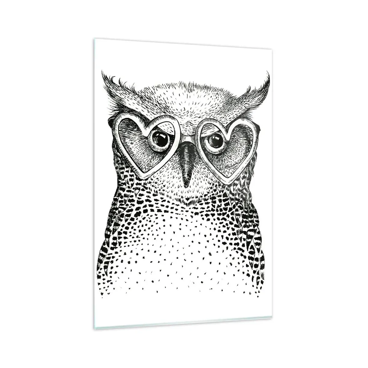 Impression sur verre - Image sur verre - Graphique élégant d'un hibou portant des lunettes en forme de cœur - 80x120cm - Sagement et avec amour - Décoration murale moderne pour le salon et la chambre ARTTOR