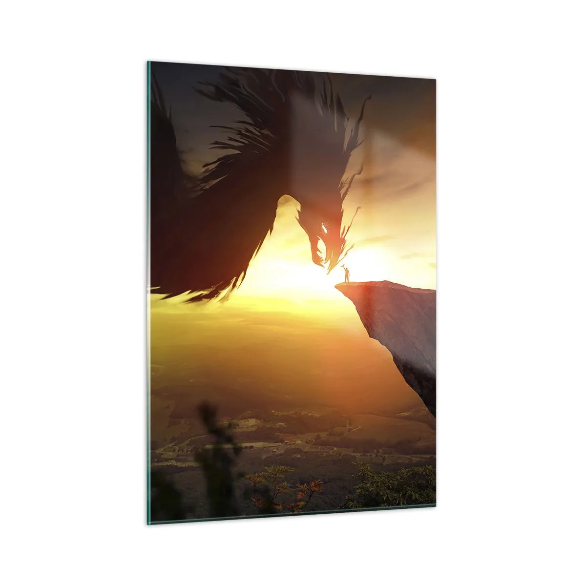 Impression sur verre - Image sur verre - Un dragon dans la lueur du soleil couchant au-dessus d'une falaise - 50x70cm - Chasseur de dragon - Décoration murale moderne pour le salon et la chambre ARTTOR