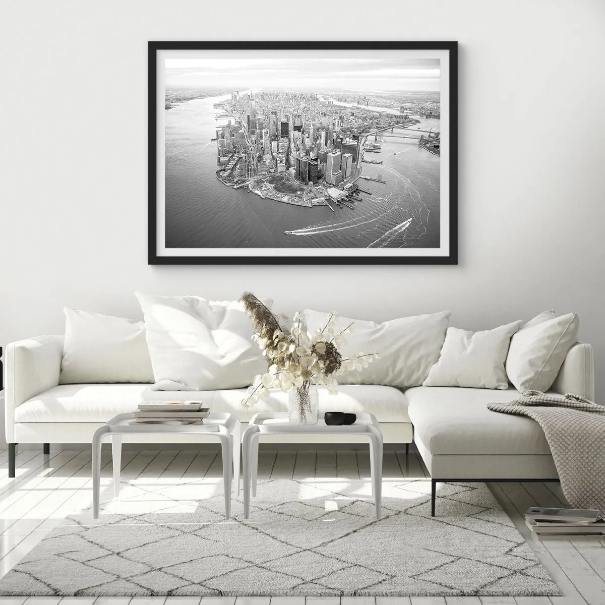 Affiche dans un cadre noir - Poster - Vue aérienne de Manhattan en noir et blanc - 70x50cm - Comment ne pas aimer ? - Décoration murale moderne pour le salon et la chambre ARTTOR