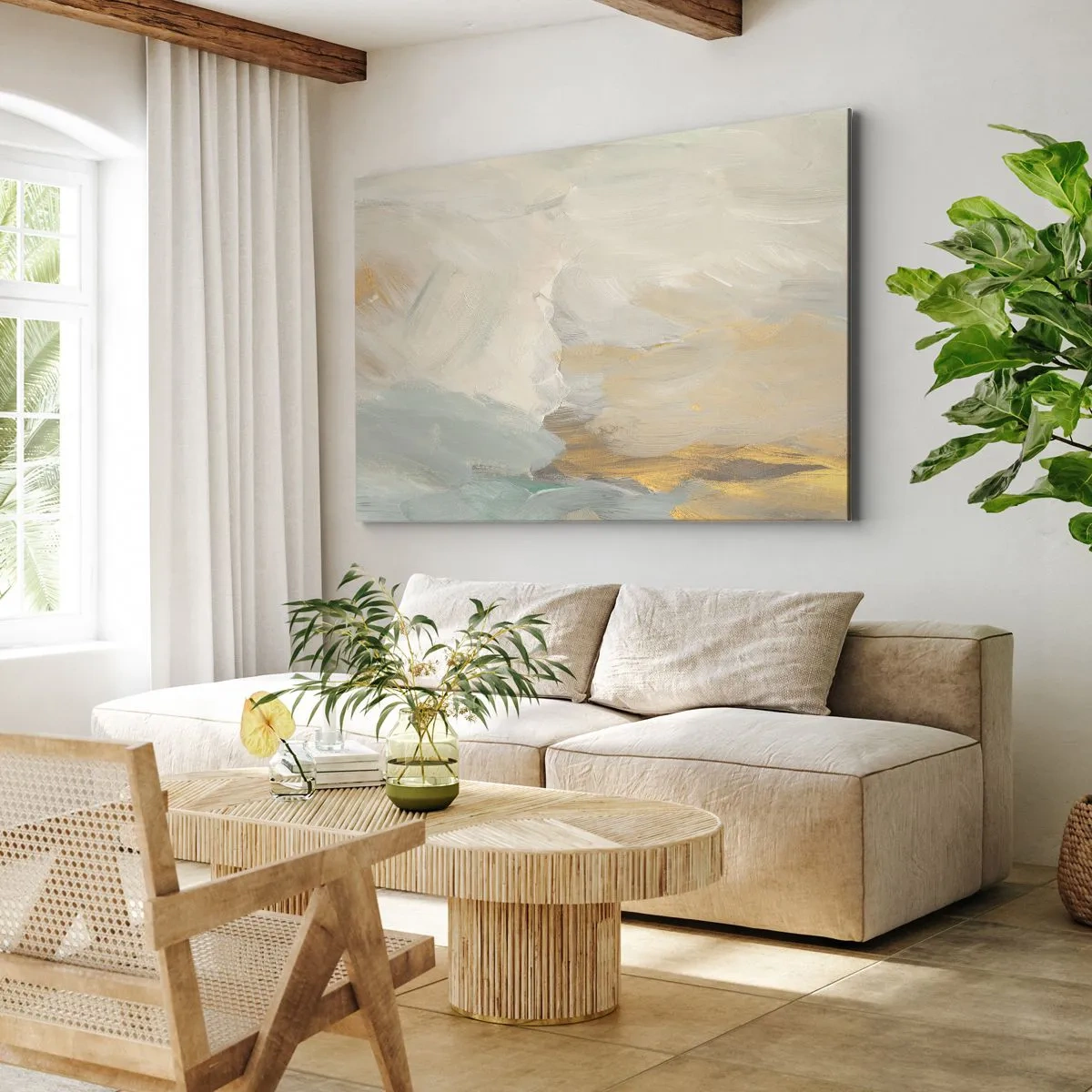 Impression sur toile - Image sur toile - Traits abstraits délicats dans des tons de blanc et d'or - 70x50cm - Abstraction – le pays de la douceur - Décoration murale moderne pour le salon et la chambre ARTTOR