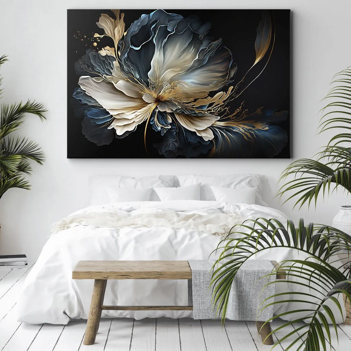 Impression sur toile - Image sur toile - Une fleur dans les tons or et bleu marine sur fond noir - 70x50cm - Fleur de fougère de conte de fées - Décoration murale moderne pour le salon et la chambre ARTTOR