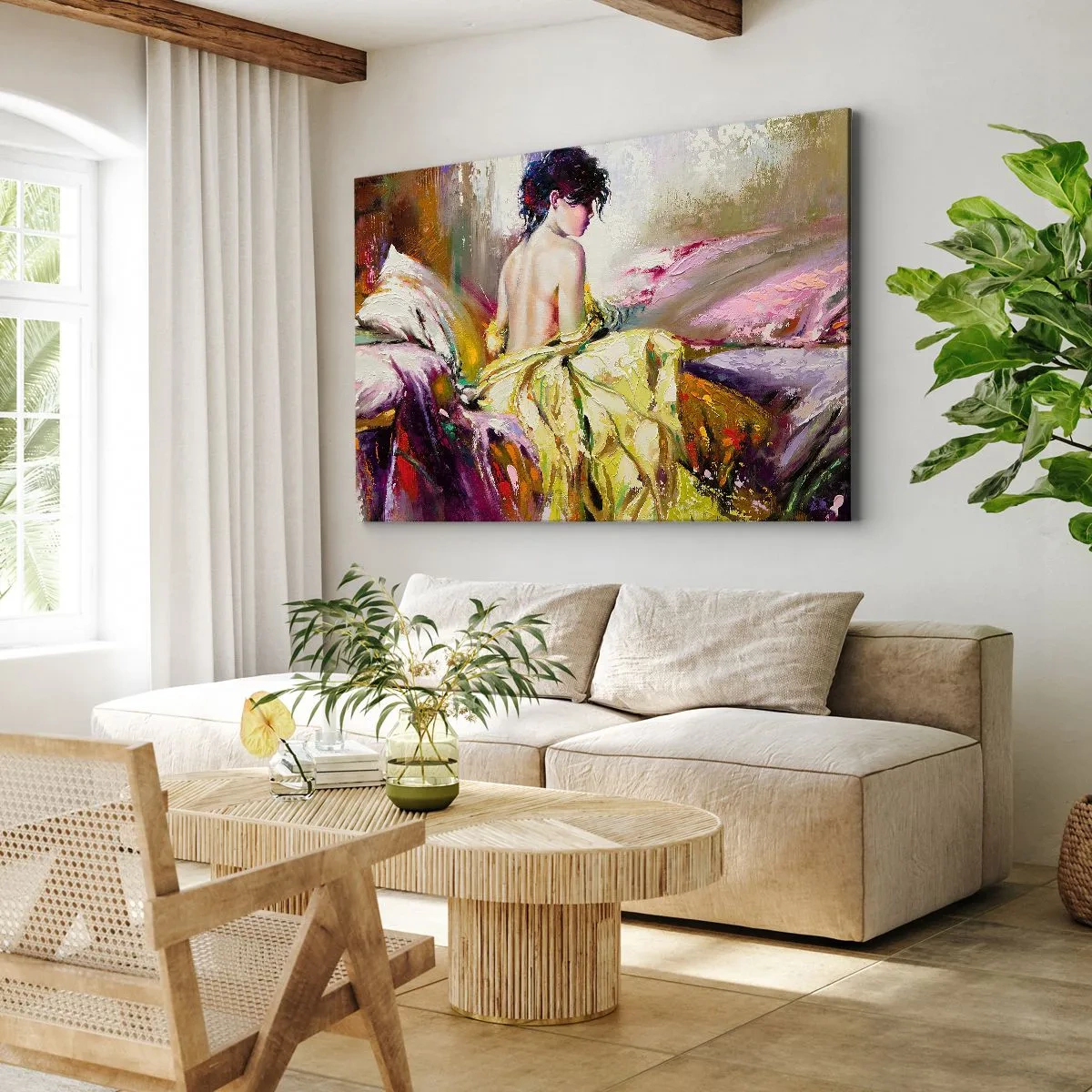 Impression sur toile - Image sur toile - Une scène picturale d'une femme sur un lit dans une atmosphère romantique - 70x50cm - Entre les lèvres et le bord de la tasse - Décoration murale moderne pour le salon et la chambre ARTTOR