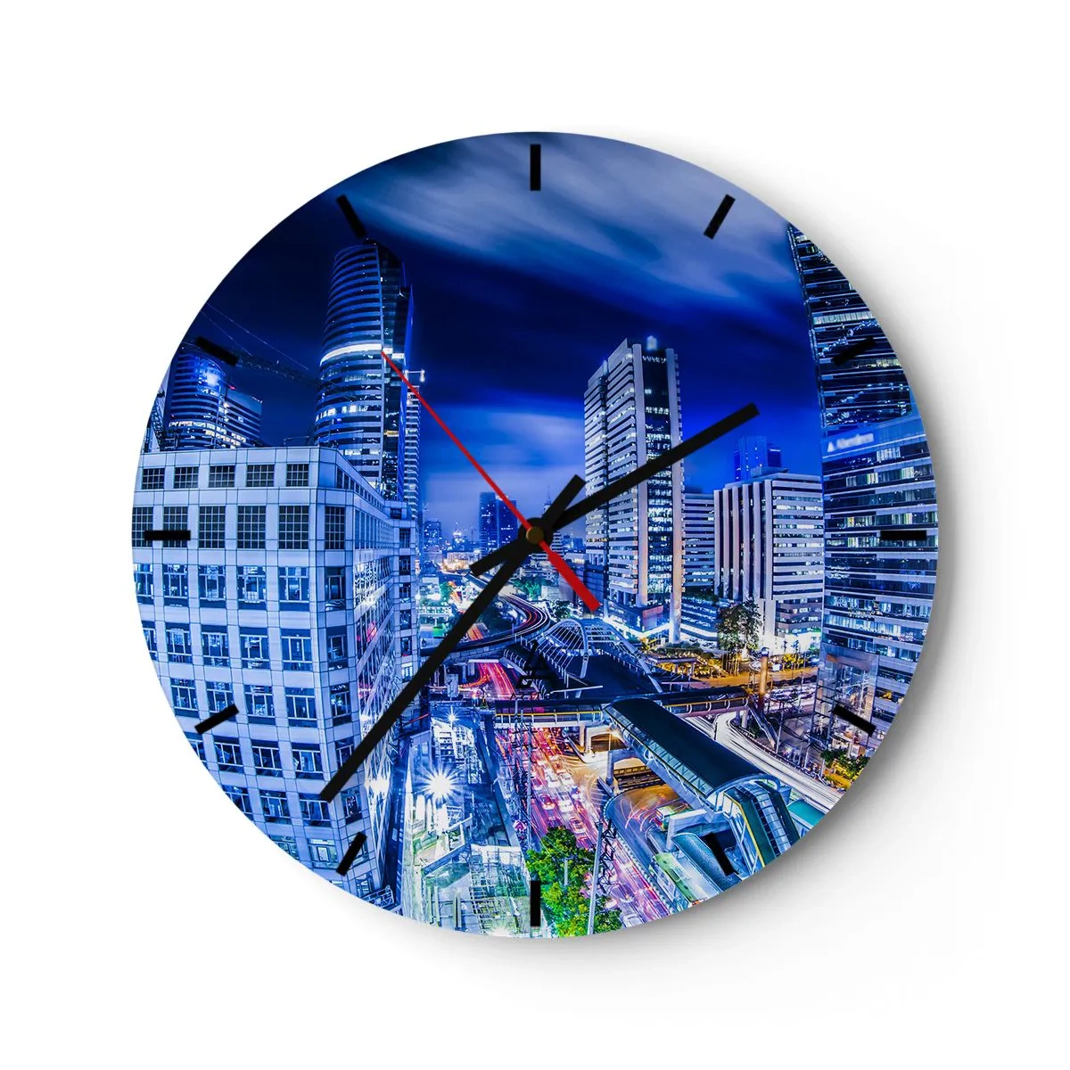 Horloge murale - Pendule murale - Gratte-ciels modernes illuminés la nuit - 30x30cm - Rythmes de la ville nocturne - Décoration murale moderne pour le salon, la cuisine et la chambre ARTTOR