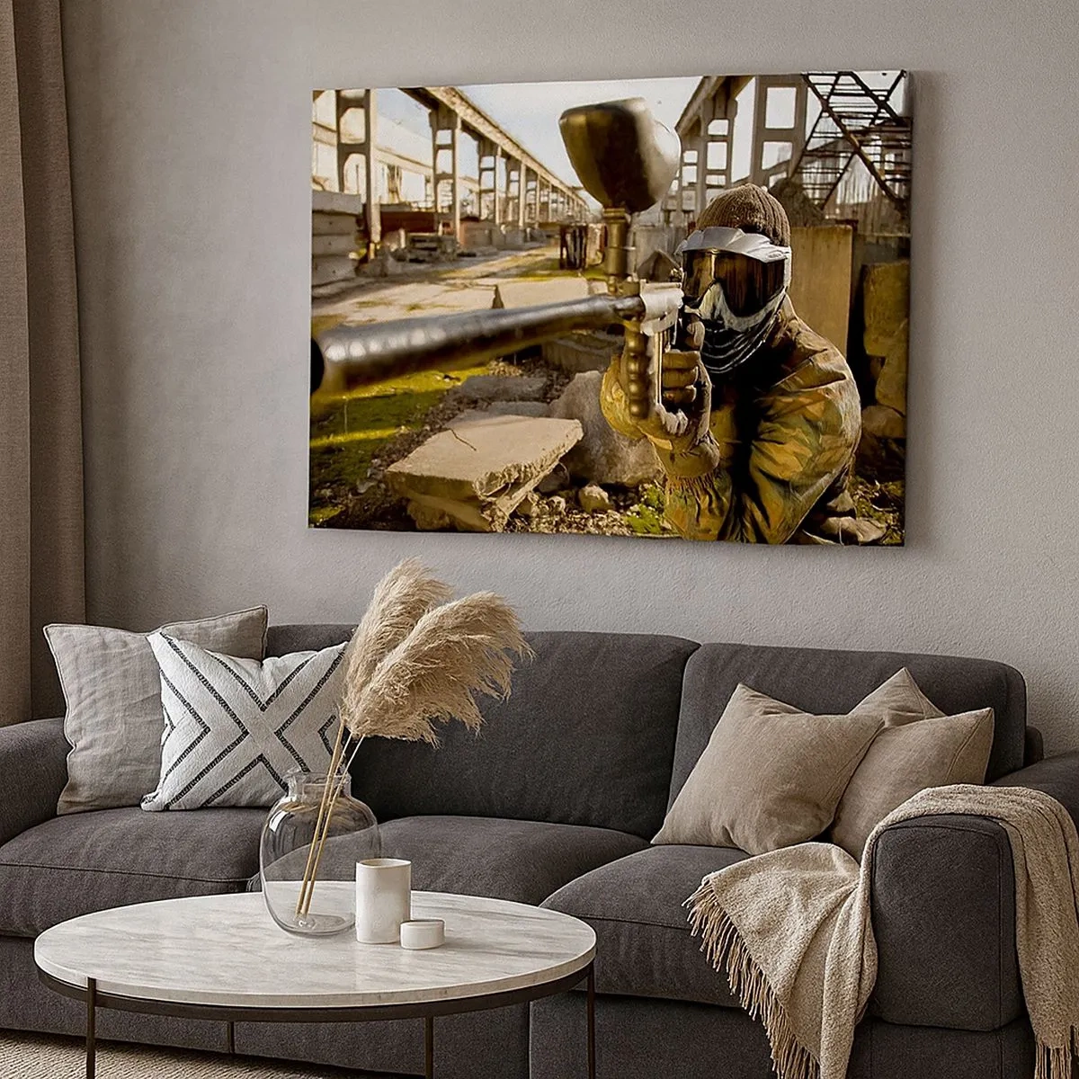 Impression sur toile - Image sur toile - Un joueur de paintball en tenue de camouflage visant un marqueur - 70x50cm - Et vous pouvez devenir un héros - Décoration murale moderne pour le salon et la chambre ARTTOR