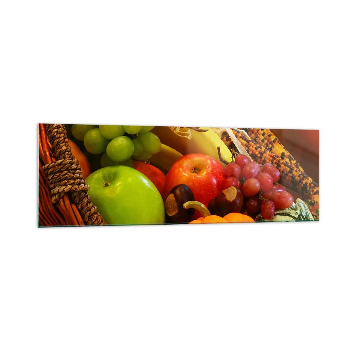 Impression sur verre - Image sur verre - Un panier de fruits, de citrouilles et de maïs sur fond de couleurs d'automne. - 160x50cm - Panier de récolte - Décoration murale moderne pour le salon et la chambre ARTTOR