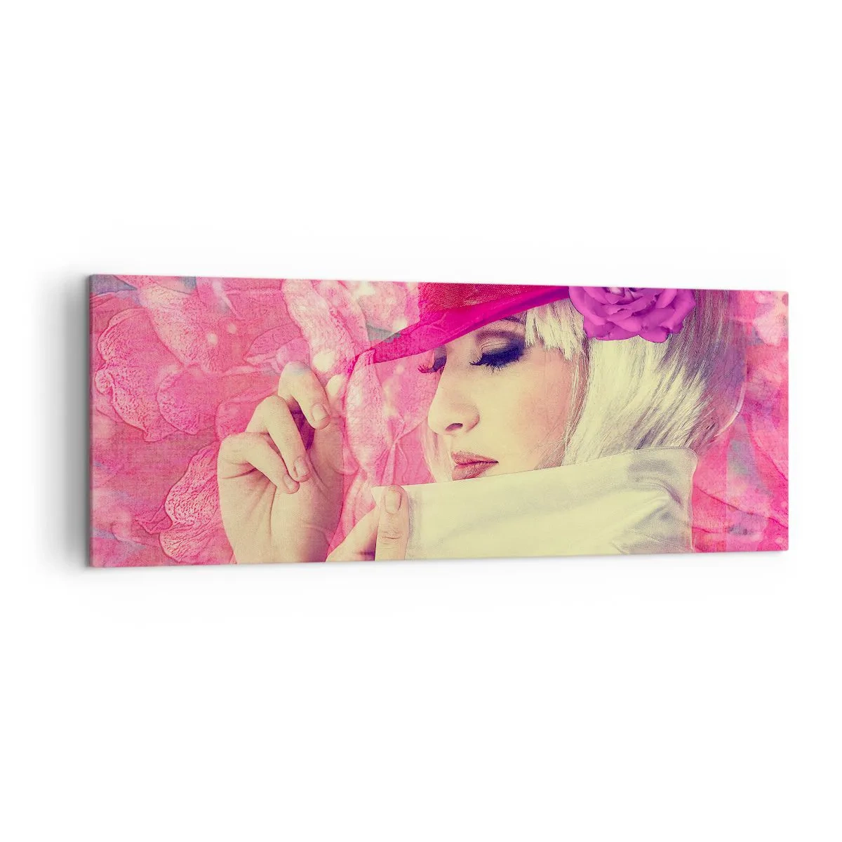 Impression sur toile - Image sur toile - Femme élégante avec un chapeau rose avec une fleur - 140x50cm - Portrait rétro dans une brume rose - Décoration murale moderne pour le salon et la chambre ARTTOR