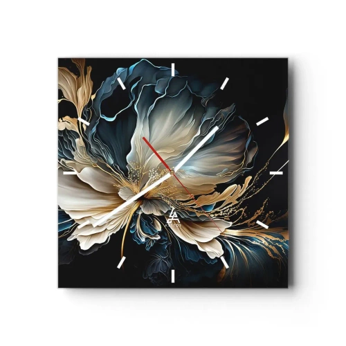Horloge murale - Pendule murale - Une fleur dans les tons or et bleu marine sur fond noir - 30x30cm - Fleur de fougère de conte de fées - Décoration murale moderne pour le salon et la chambre ARTTOR