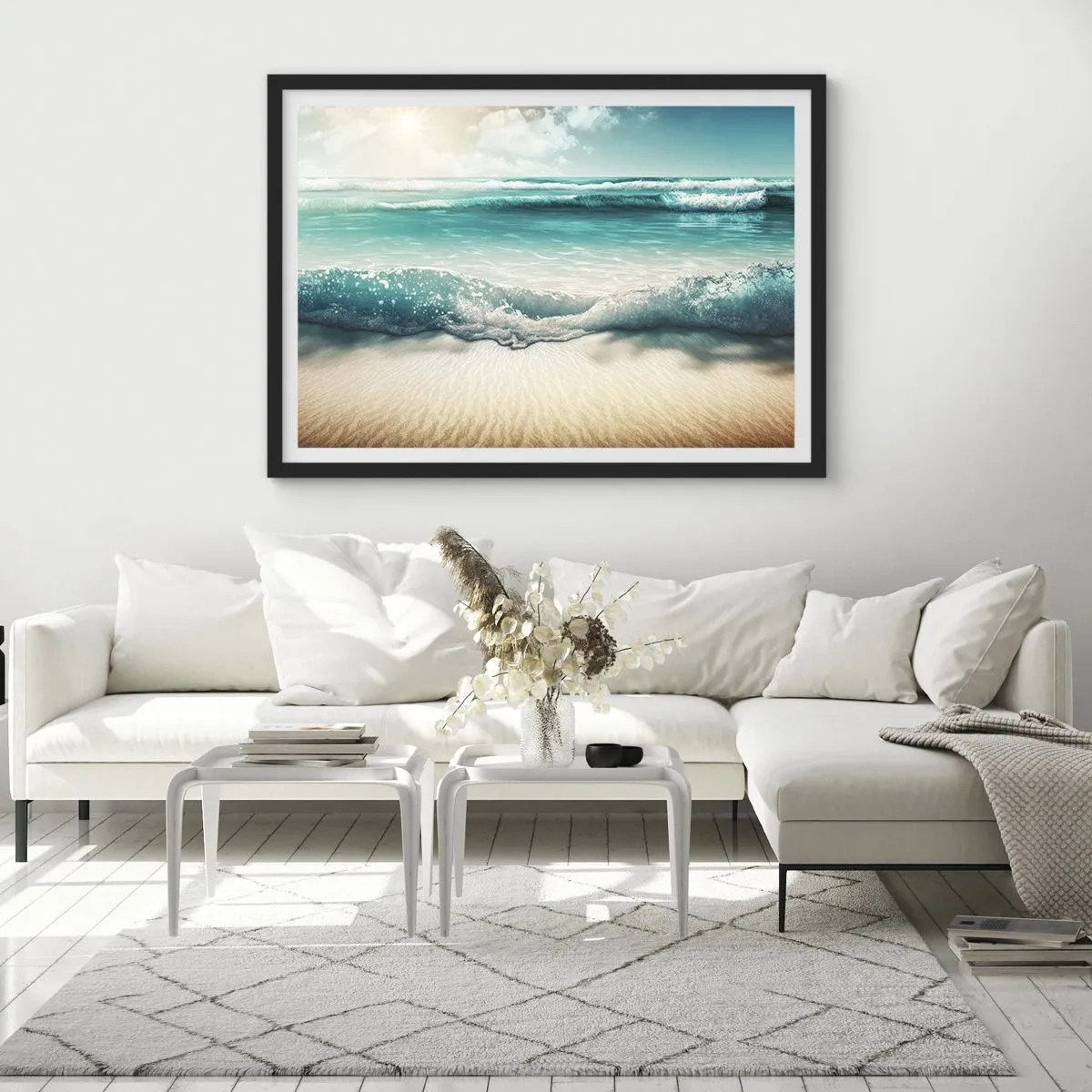 Affiche dans un cadre noir - Poster - Vagues de l'océan sur une plage de sable clair - 70x50cm - La paix de l'océan - Décoration murale moderne pour le salon et la chambre ARTTOR