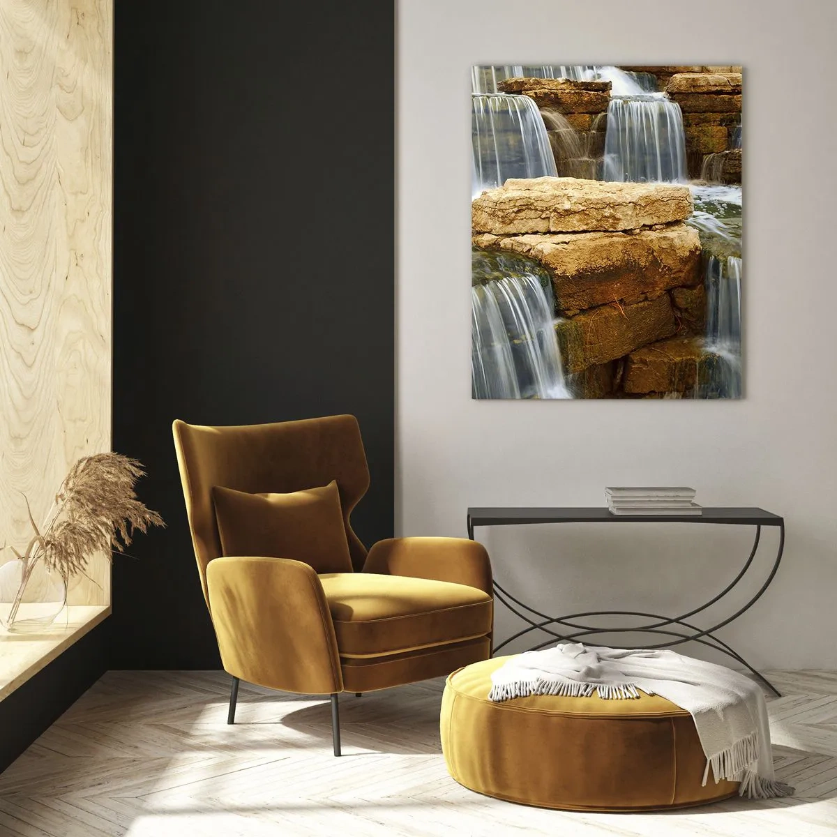 Impression sur verre - Image sur verre - Une cascade qui coule sur des marches de pierre - 80x120cm - Escalier vers le ciel - Décoration murale moderne pour le salon et la chambre ARTTOR