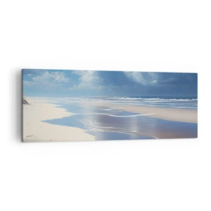 Impression sur toile - Image sur toile - Une plage de sable avec des vagues sous un ciel bleu - 140x50cm - Des vacances paradisiaques - Décoration murale moderne pour le salon et la chambre ARTTOR