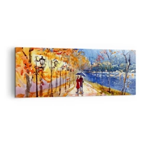 Impression sur toile - Image sur toile - Une promenade d'automne dans le parc au bord de la rivière sous un parasol - 140x50cm - Ensemble jusqu'au bout du temps - Décoration murale moderne pour le salon et la chambre ARTTOR