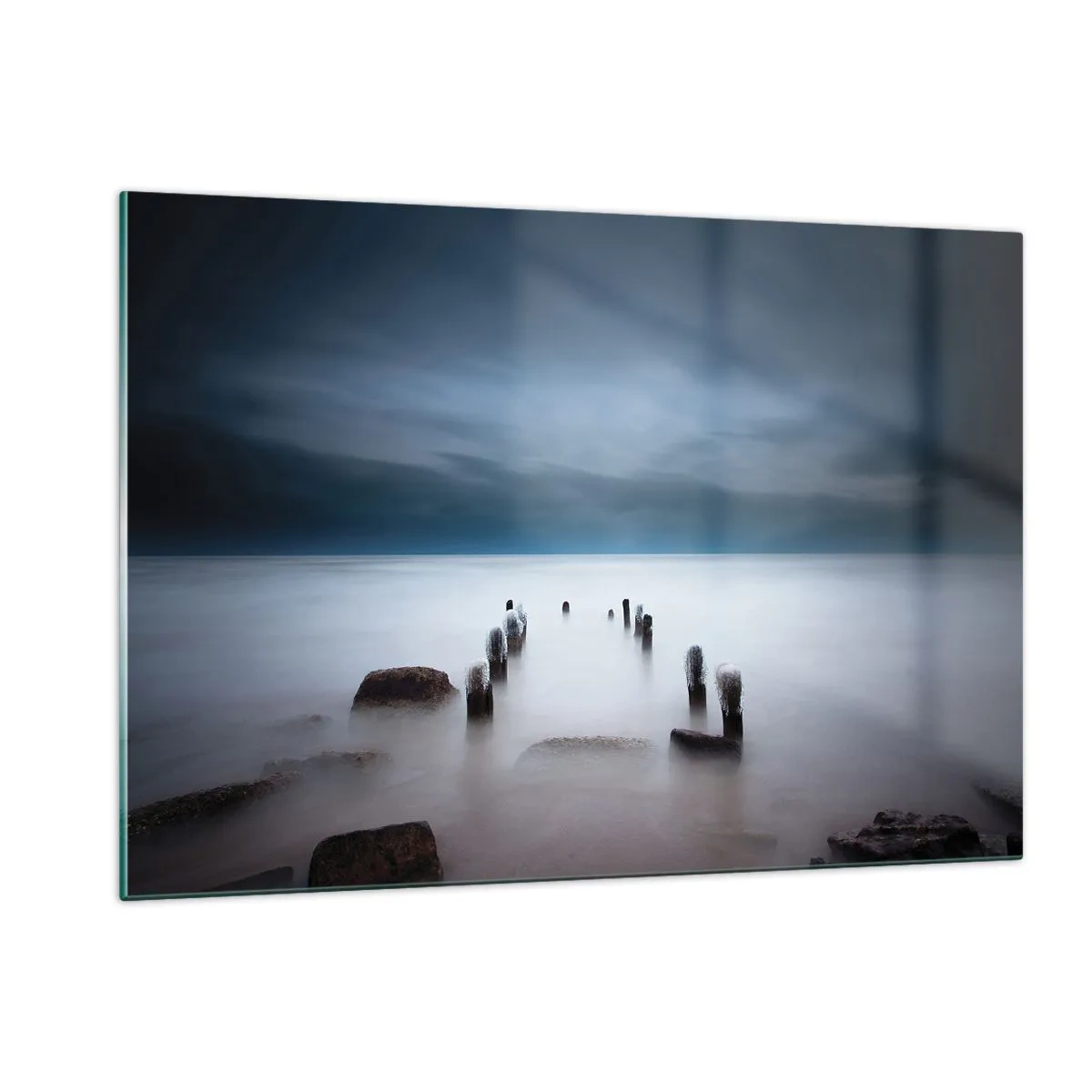 Impression sur verre - Image sur verre - Paysage balnéaire atmosphérique avec pilotis en bois - 120x80cm - Lac pensif - Décoration murale moderne pour le salon et la chambre ARTTOR