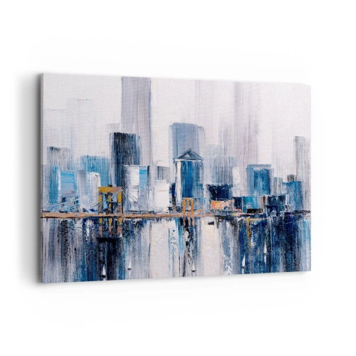 Impression sur toile - Image sur toile - Panorama urbain abstrait avec des nuances de bleu et de jaune - 120x80cm - Impression new-yorkaise - Décoration murale moderne pour le salon et la chambre ARTTOR