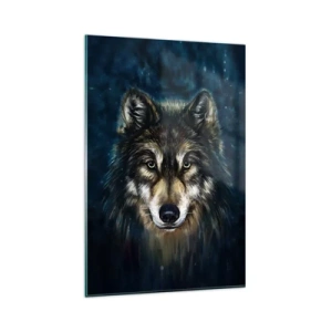 Impression sur verre - Image sur verre - Portrait d'un loup sur fond bleu foncé - 80x120cm - Alpha? Et oméga - Décoration murale moderne pour le salon et la chambre ARTTOR