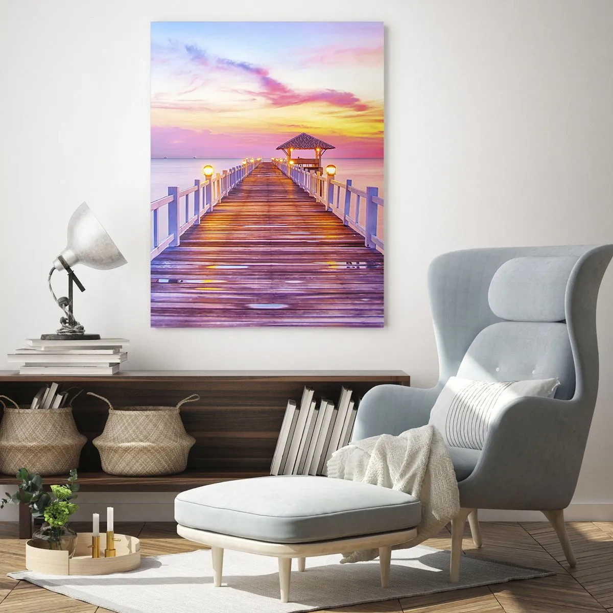 Impression sur verre - Image sur verre - Jetée en bois au coucher du soleil sur une mer calme - 50x70cm - Le silence lilas-doré du soir - Décoration murale moderne pour le salon et la chambre ARTTOR