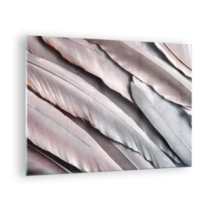 Impression sur verre - Image sur verre - Gros plan de plumes pastel dans des tons de rose et d'argent - 70x50cm - En argent rose - Décoration murale moderne pour le salon et la chambre ARTTOR