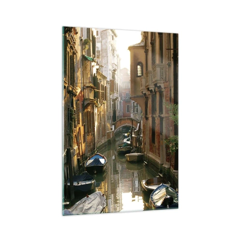 Impression sur verre - Image sur verre - Un canal pittoresque à Venise avec des bateaux et un pont - 70x100cm - Dans une ruelle vénitienne - Décoration murale moderne pour le salon et la chambre ARTTOR