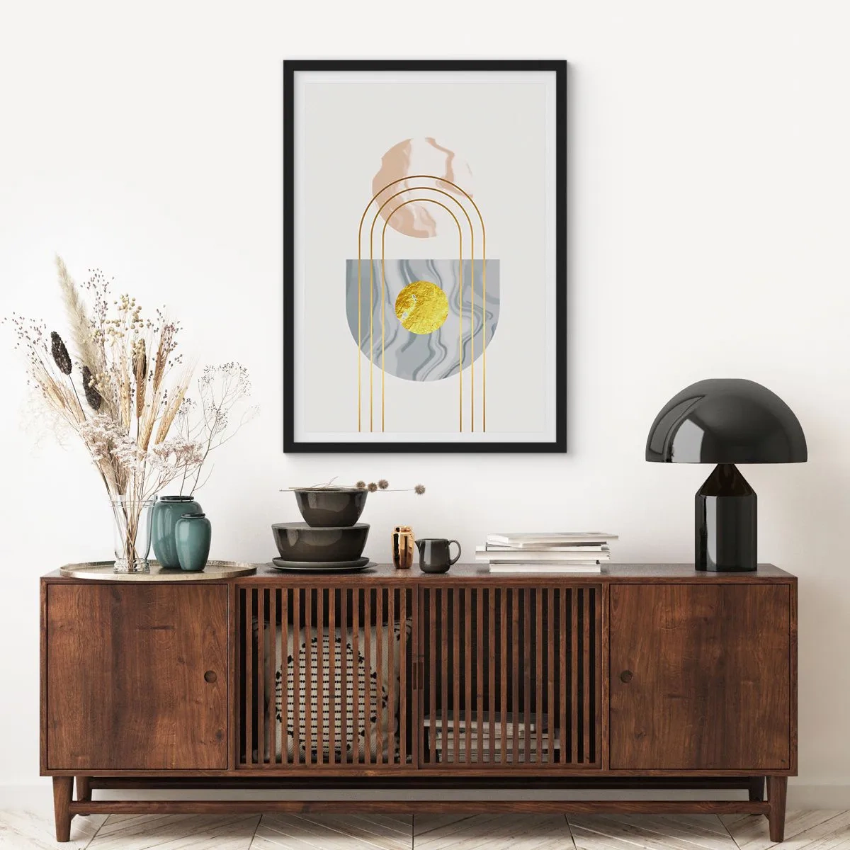 Affiche dans un cadre noir - Poster - Motifs géométriques avec des éléments dorés sur fond clair - 50x70cm - Clareté et brillance - Décoration murale moderne pour le salon et la chambre ARTTOR